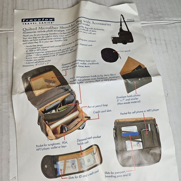 Travelon Quilted Microfiber Brown Shoulder Bag with accessories - Picture 13 of 13